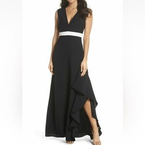 Monique Lhuillier Black Asymmetrical Dress with White Accent